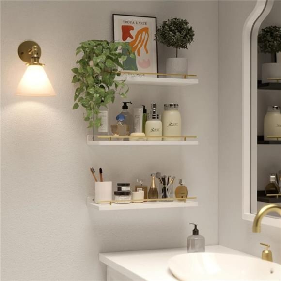 Floating Shelves with Gold Metal Guardrail 16inc Shelves for Wall Decor Set of 3 - Picture 16 of 16